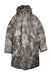 front of lululemon gray oversized parka. features abstract camouflage design throughout, high neckline, underarm vents, gaiter cuffs, pockets inside and out, press- stud buttons, and two-way zipper closure. 