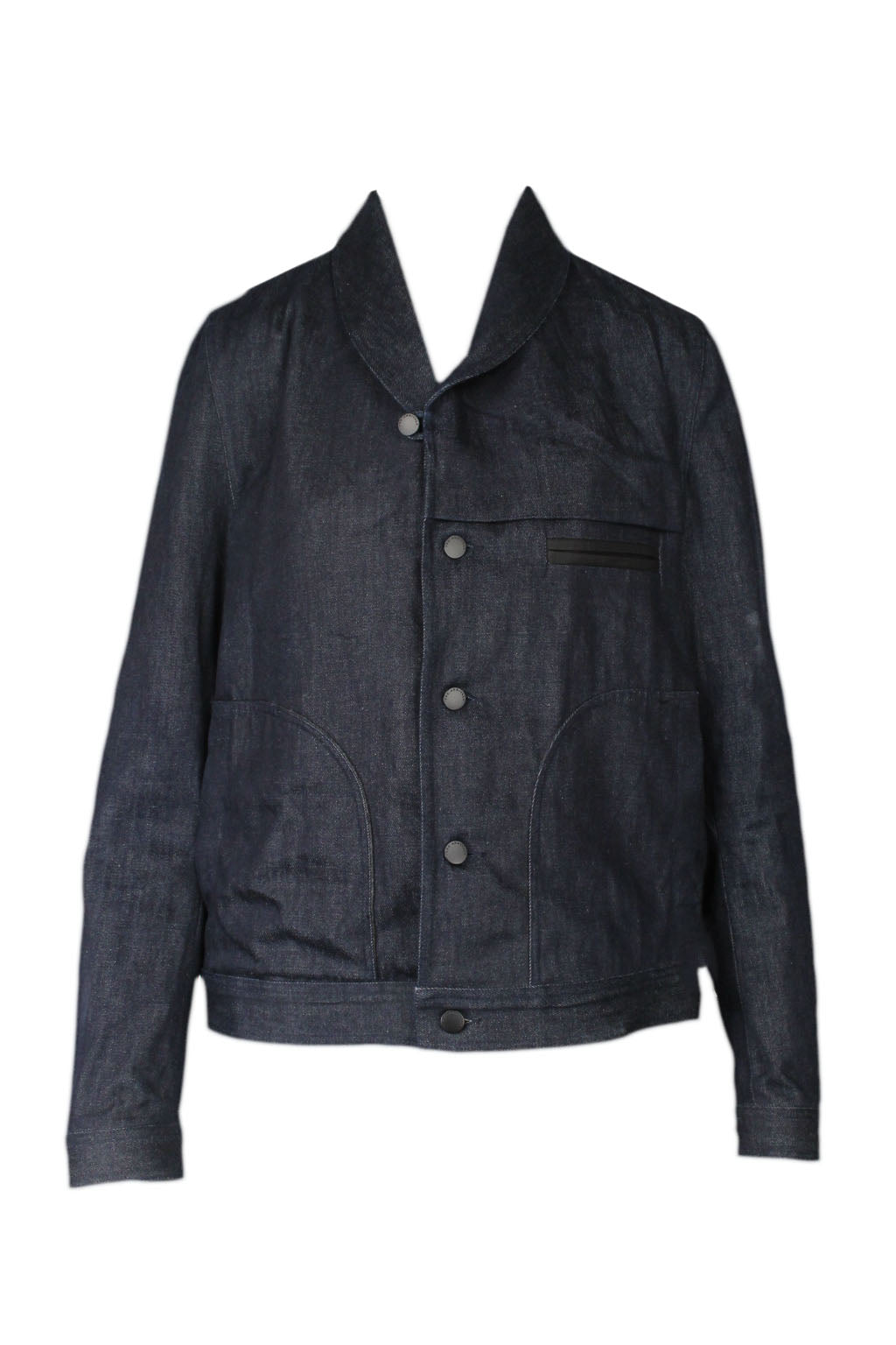 front of the arrivals dark blue cotton jacket. features shawl collar, welted pocket at left bust, side seam pockets, button at cuffs, and button closure. 