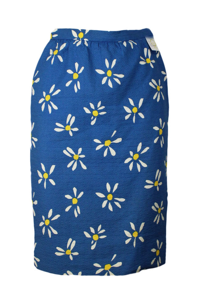 description: vintage givenchy blue daisy print skirt. features zipper closure at left side with button closure at waist. 
