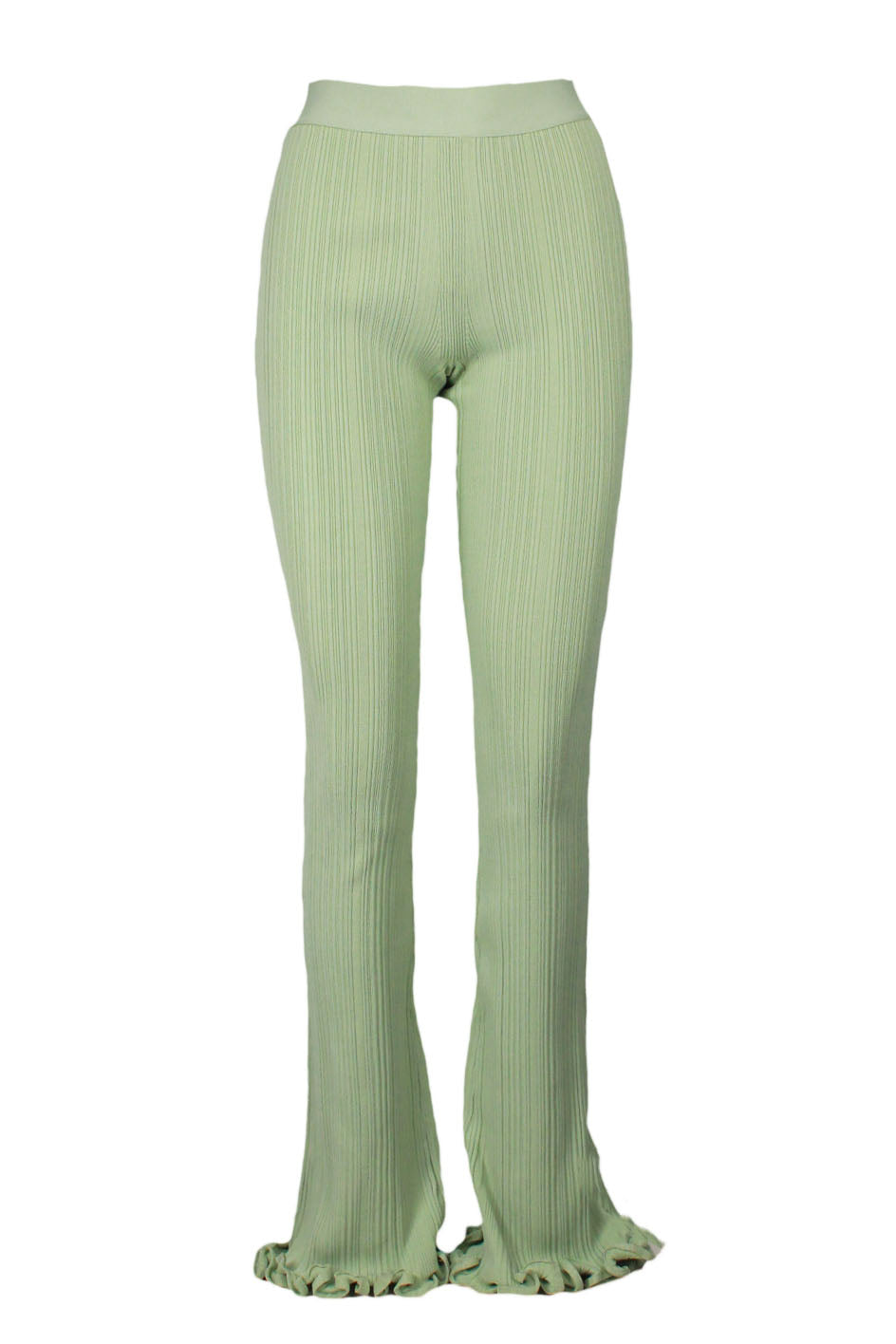 description: herve leger paris green ribbed pants. feature high waisted silhouette, flare leg style, lettuce bottom hem, and zipper closure at center back. 