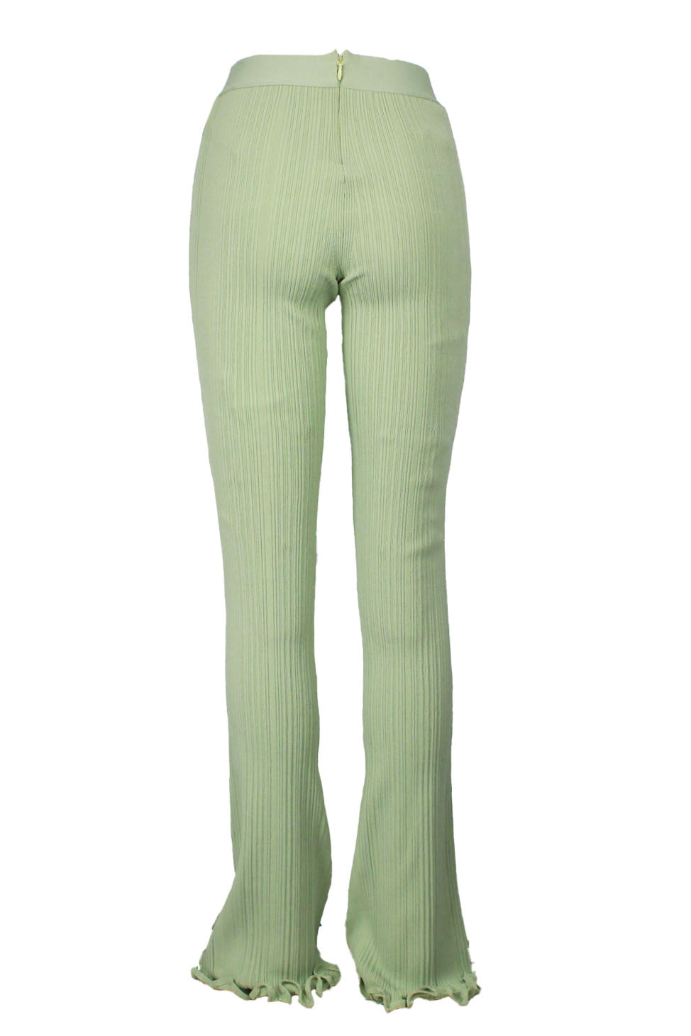 back of green pants. showing zipper closure at back. 