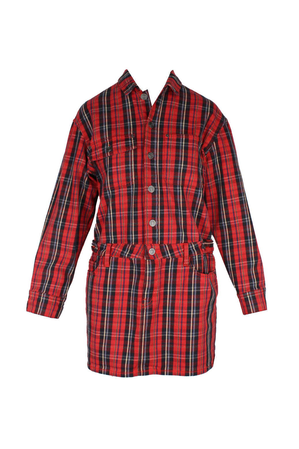 front of current elliott red plaid long sleeve dress. features spread collar, multi pockets, contrast stitching, button at cuffs, zip fly and button closure at front. 
