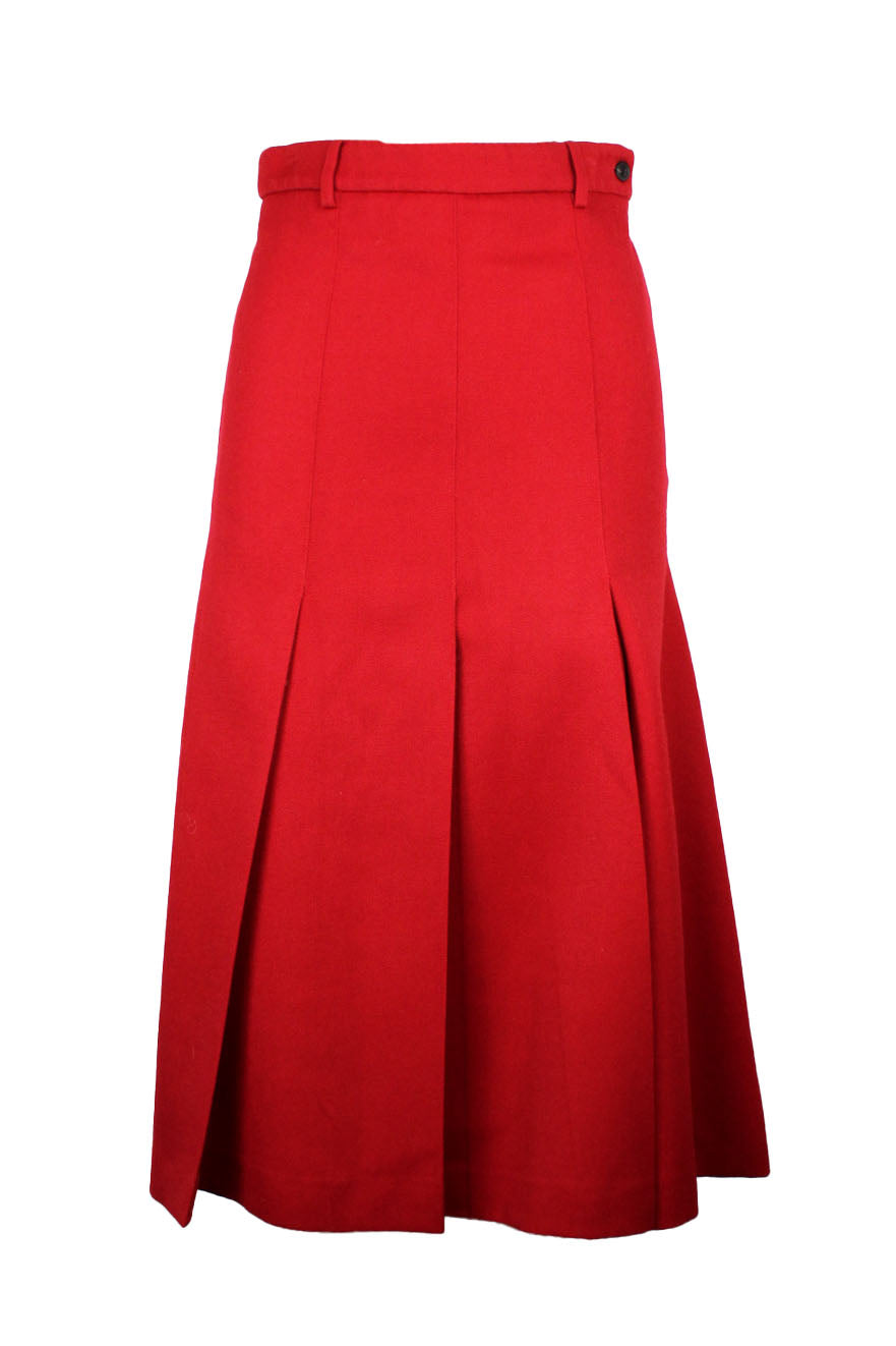 front of ami red pleated midi skirt. features belt loops, midi length, fully lined, zip and button closure. 