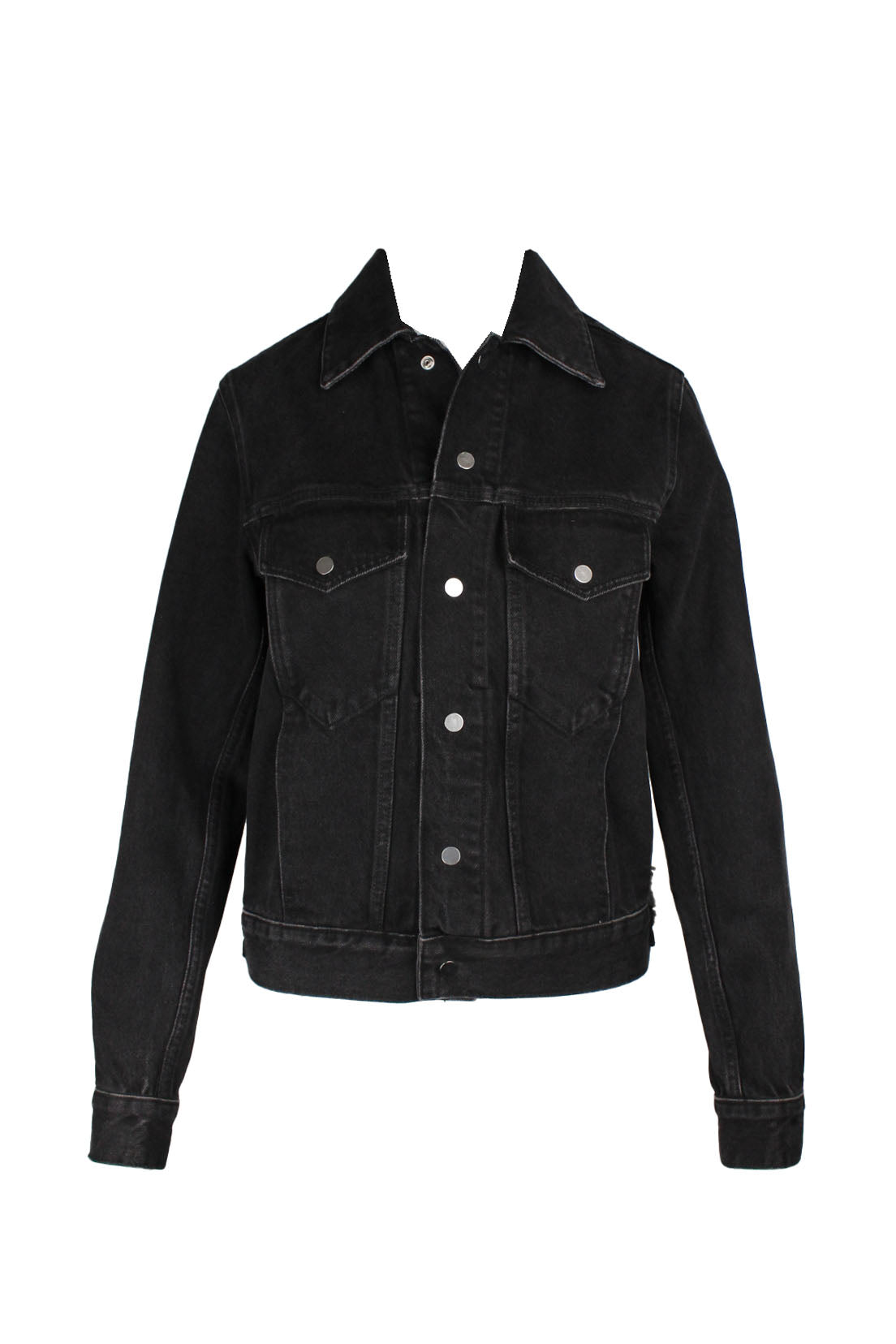 front of sandro paris black denim long sleeve jacket. features spread collar, flap pockets at chest, side seam pockets, tonal stitching, and snap button closure. 