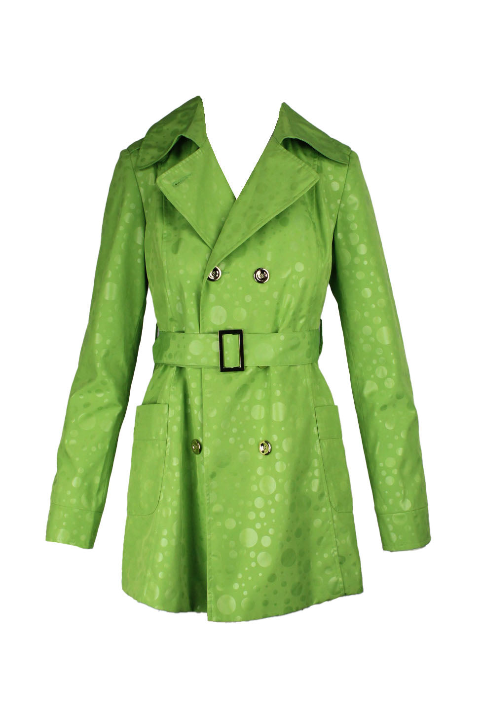 description: vintage jheri richards rainwear green polka dot jacquard jacket. features double breasted button closure at center front, two slit pockets at sides, and tonal belt at waist. 