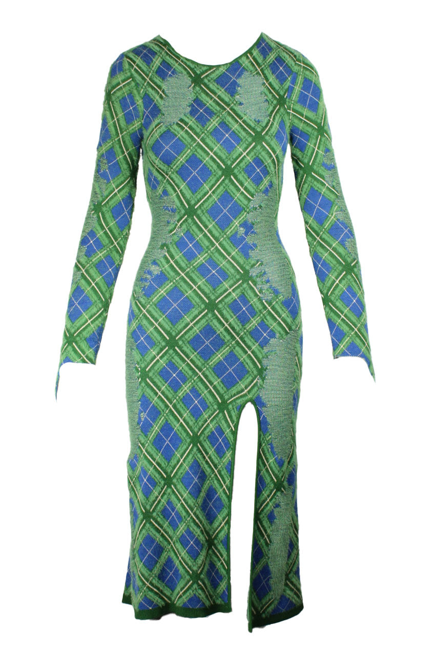 front of house of sunny green long sleeve mid dress. features crew neckline, tartan pattern throughout, distressed detailing, slit at side, and low back with adjustable ties. 