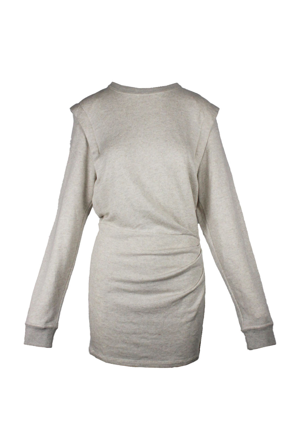 front of isabel marant etoile gray long sleeve sweatshirt mini dress. features crew neckline, dropped shoulders, banded ribbed trim, draped detail at waist, and pull on style. 