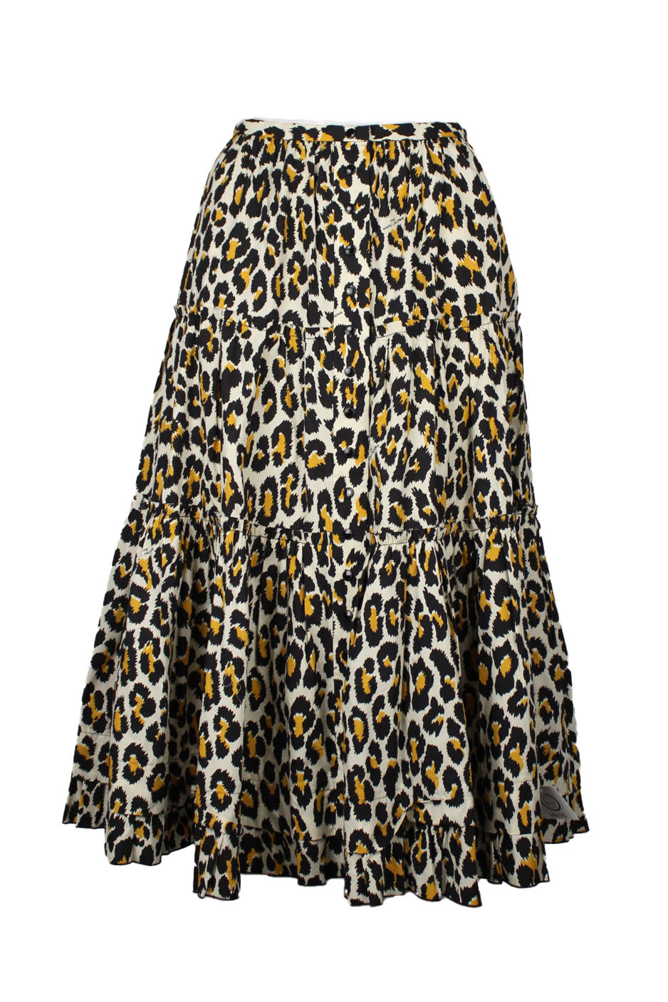 front of marc jacobs yellow cotton ruffle midi skirt. features cheetah print throughout, a-line fit, ruffled design, and multi button closure.