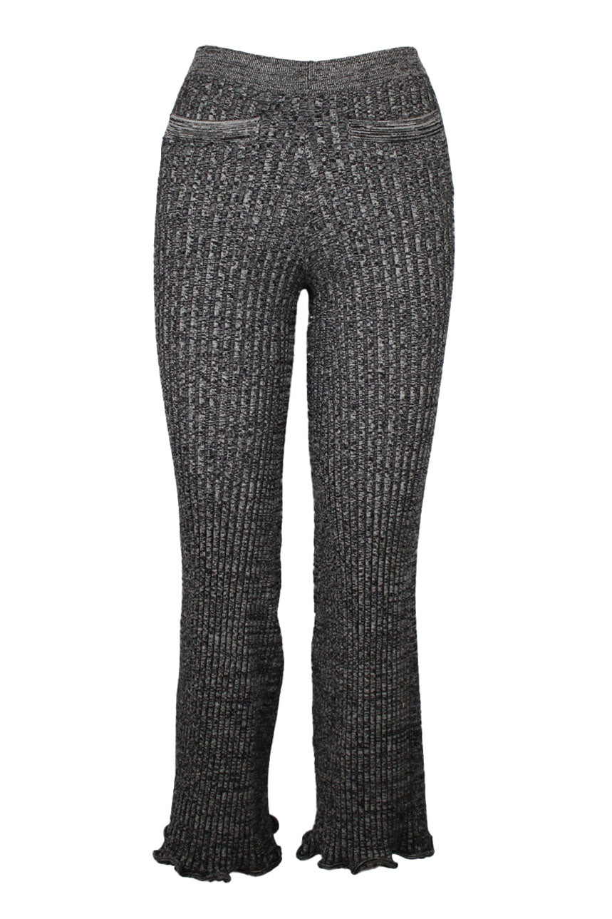 front of  paco rabanne gray wool blend capri pants. features ribbed texture throughout, elasticized waist, pockets at front, lettuce flared hem, and pull on style. 