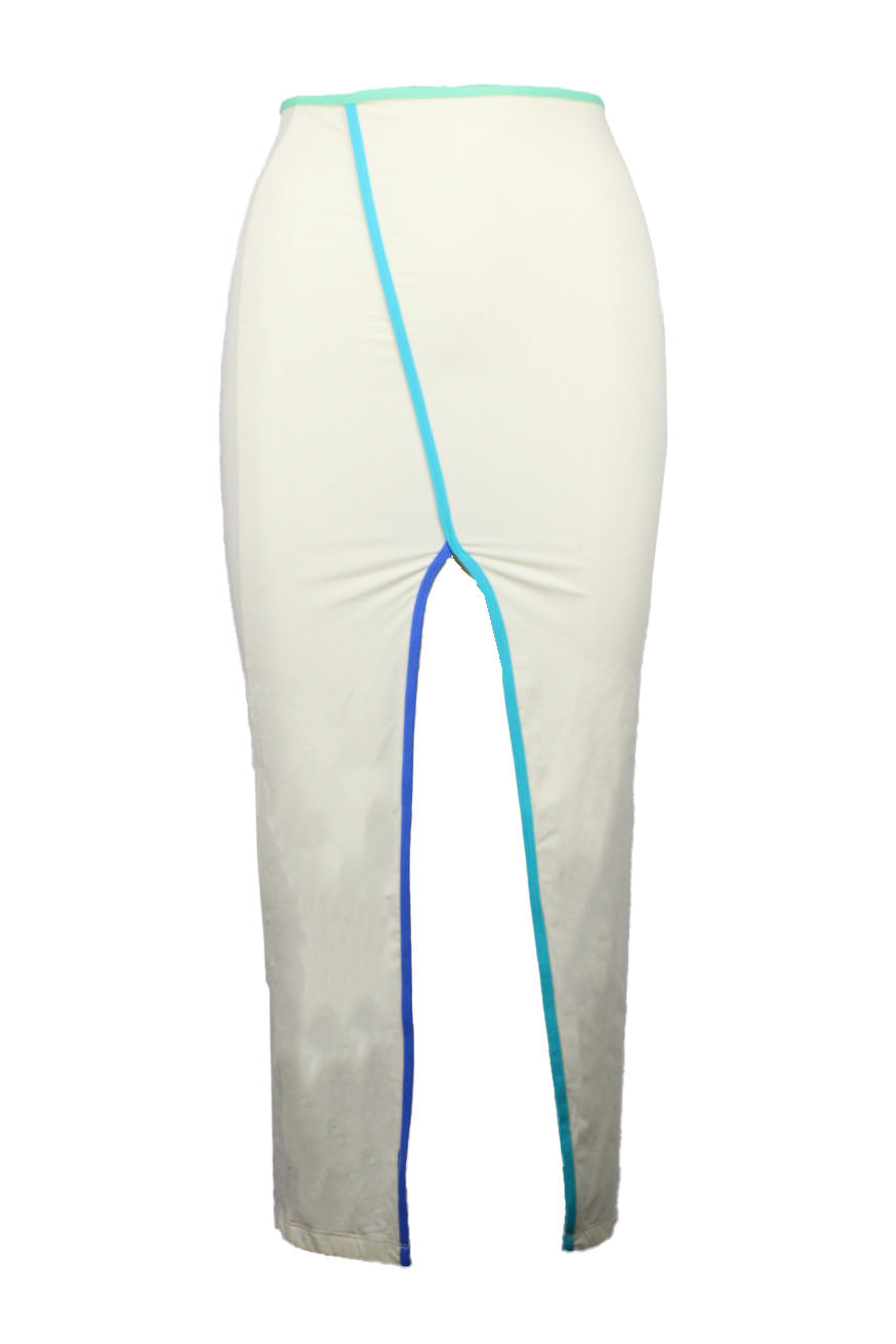 front angle of oneone swimwear white long cover up skirt.