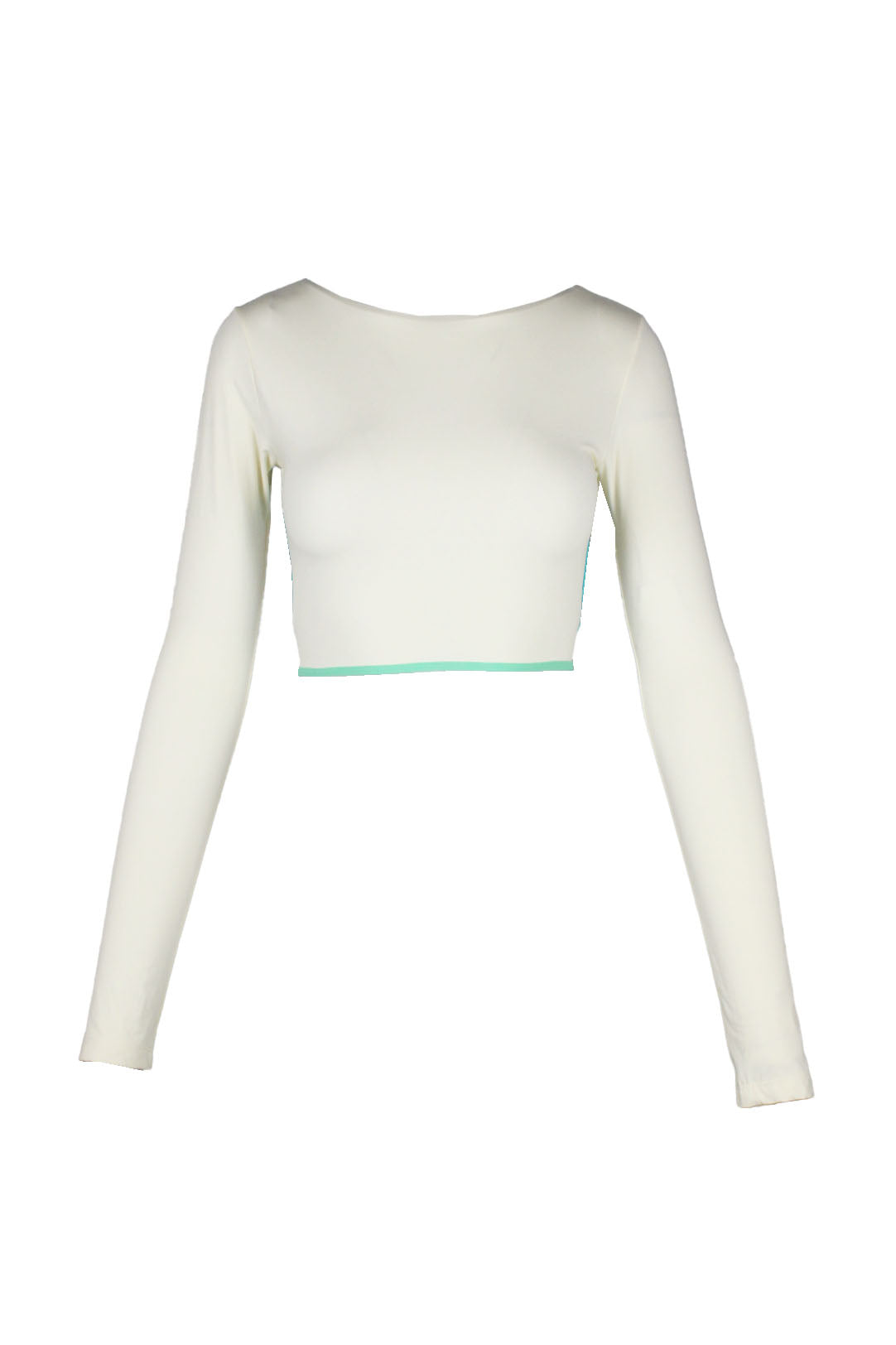 front angle of oneone swimwear white long sleeve cropped top.