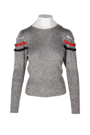 marled grey knit sweater with ribbon sleeve details