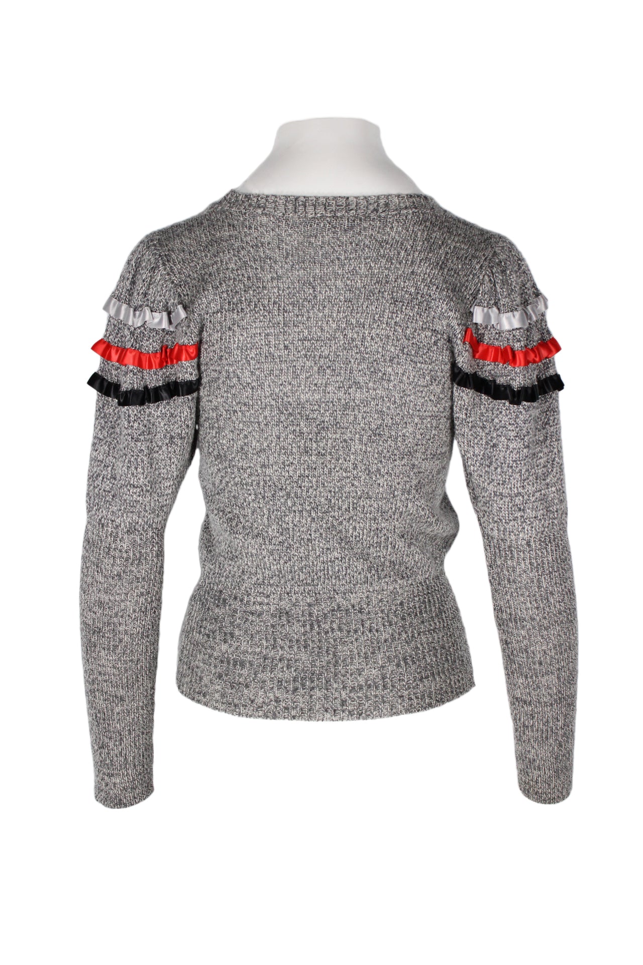 rear of gray knit sweater with ribbed waistline and sleeves. 