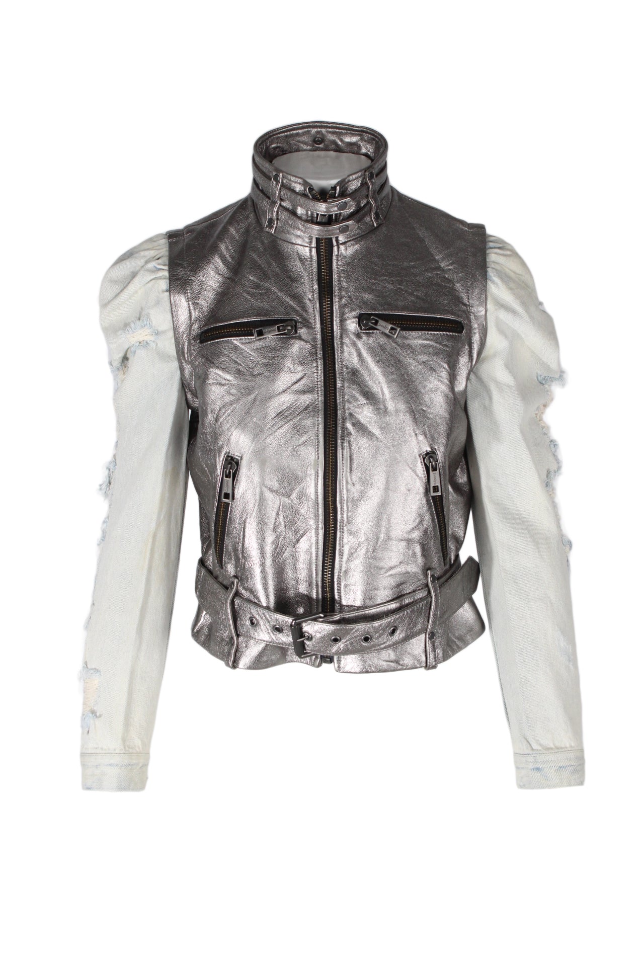 metallic silver jacket with puffed denim sleeves