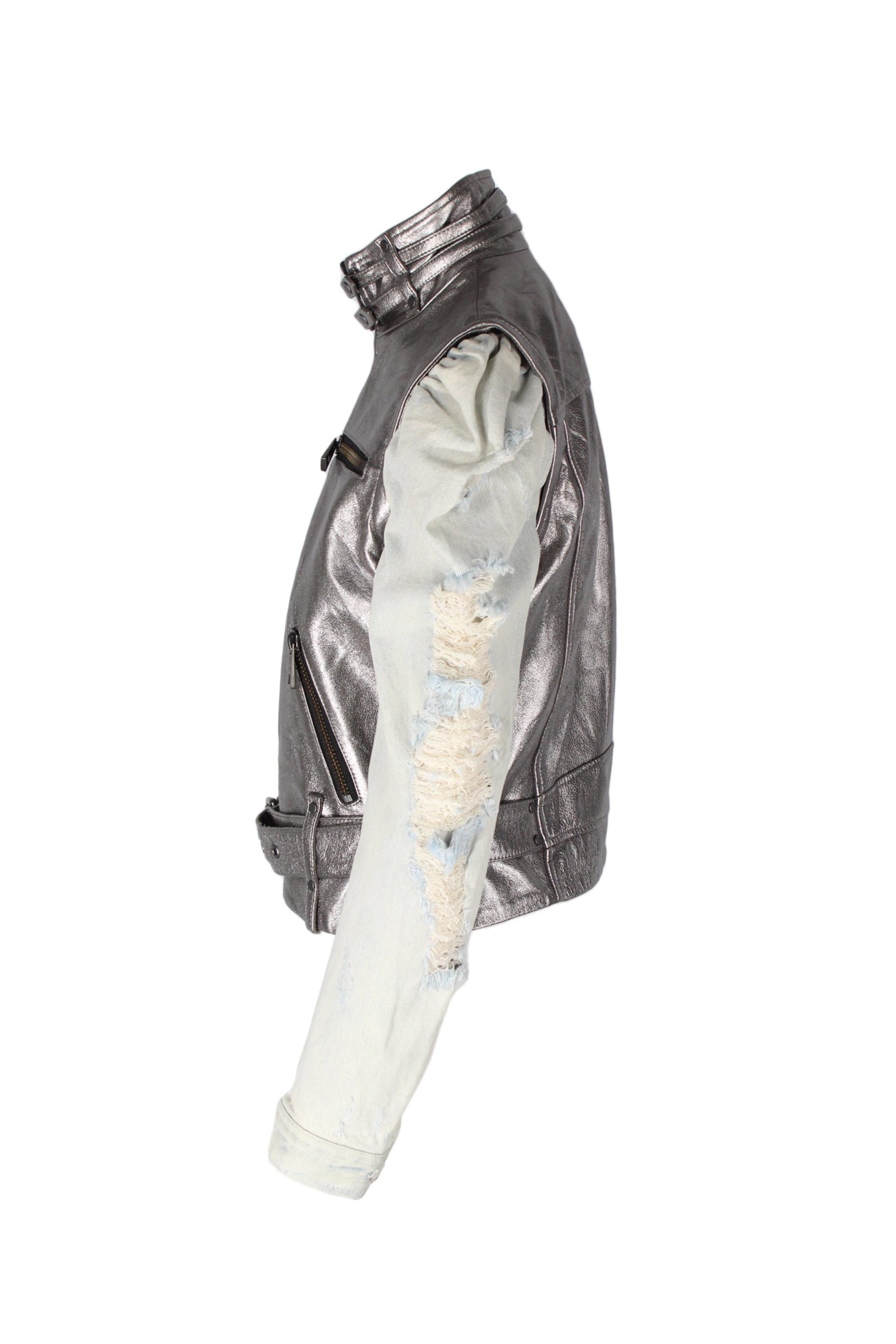 profile of silver jacket highlighting distressed sleeves