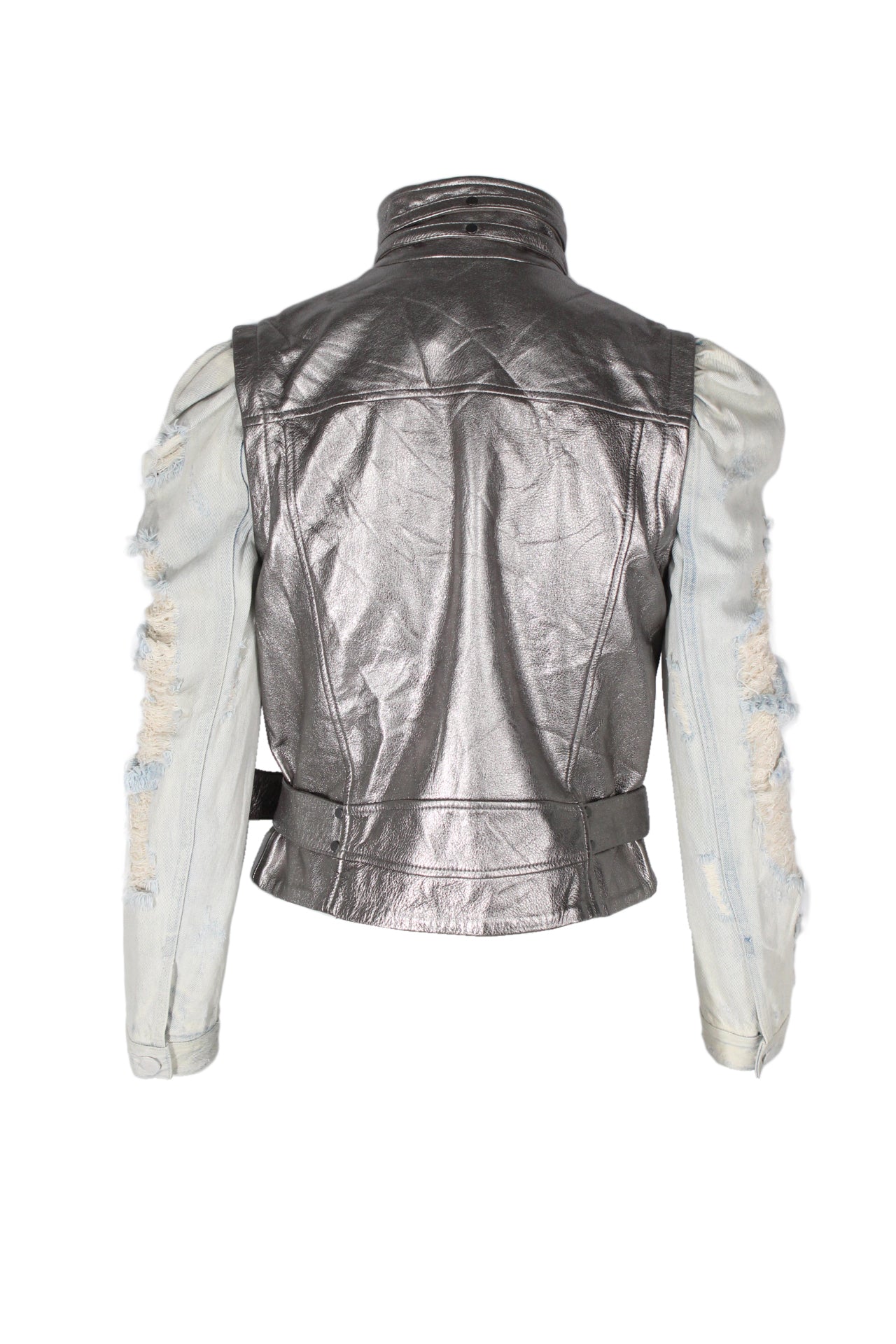 rear of silver leather jacket with set in belt. 