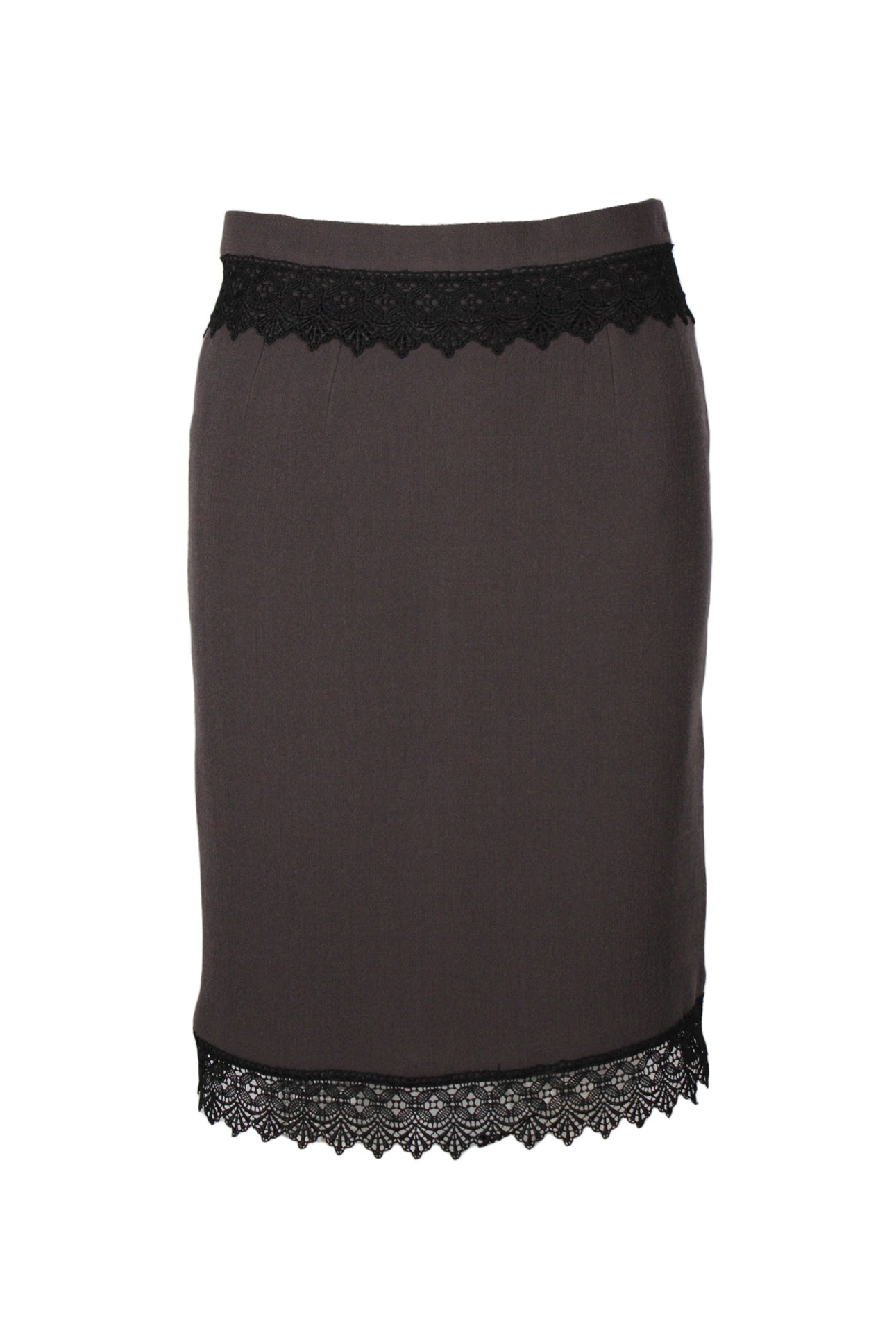 front of vintage balenciaga le dix gray lace midi skirt. features black lace detail at waist/hem, and straight fit.