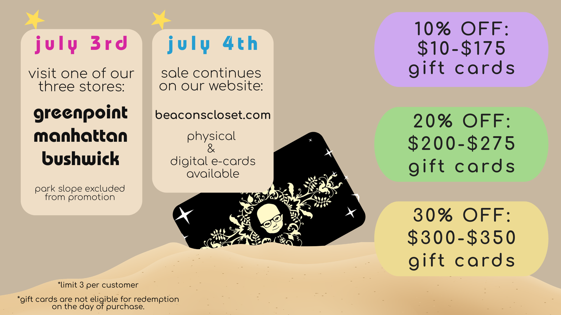 gift card sale flyer. details: beacon's closet summer gift card sale. In-store Friday 7/3, online saturday 7/4. 10% off gift cards of $10-$175, 20% off gift cards of $200-$275, 30% off gift cards of $300-$350.
