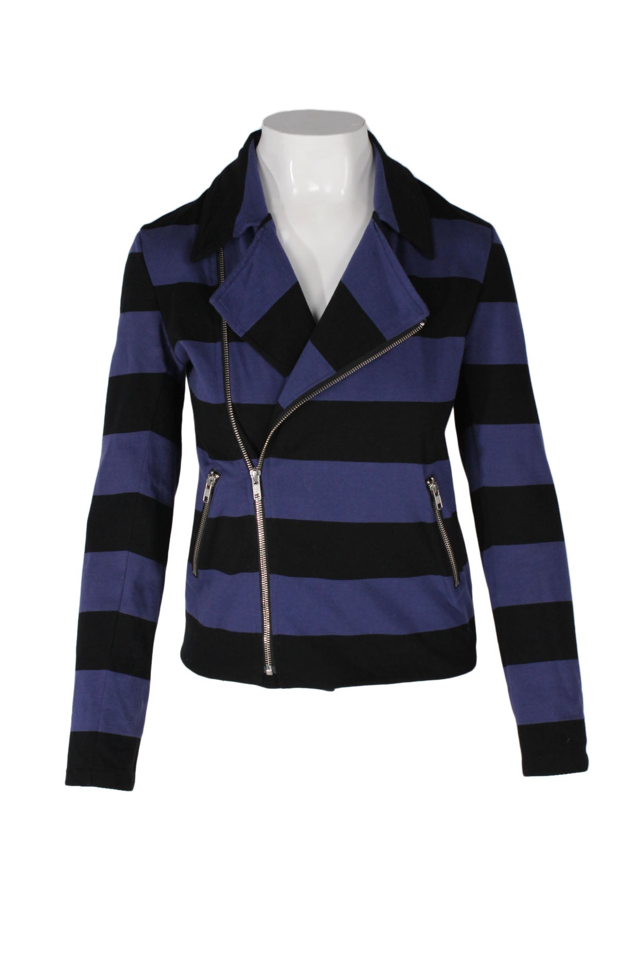 front angle agnes b. x opening ceremony black and purple lightweight striped jacket on feminine mannequin torso featuring a notched/convertible collar, diagonal zip pockets, and asymmetrical front zip closure.