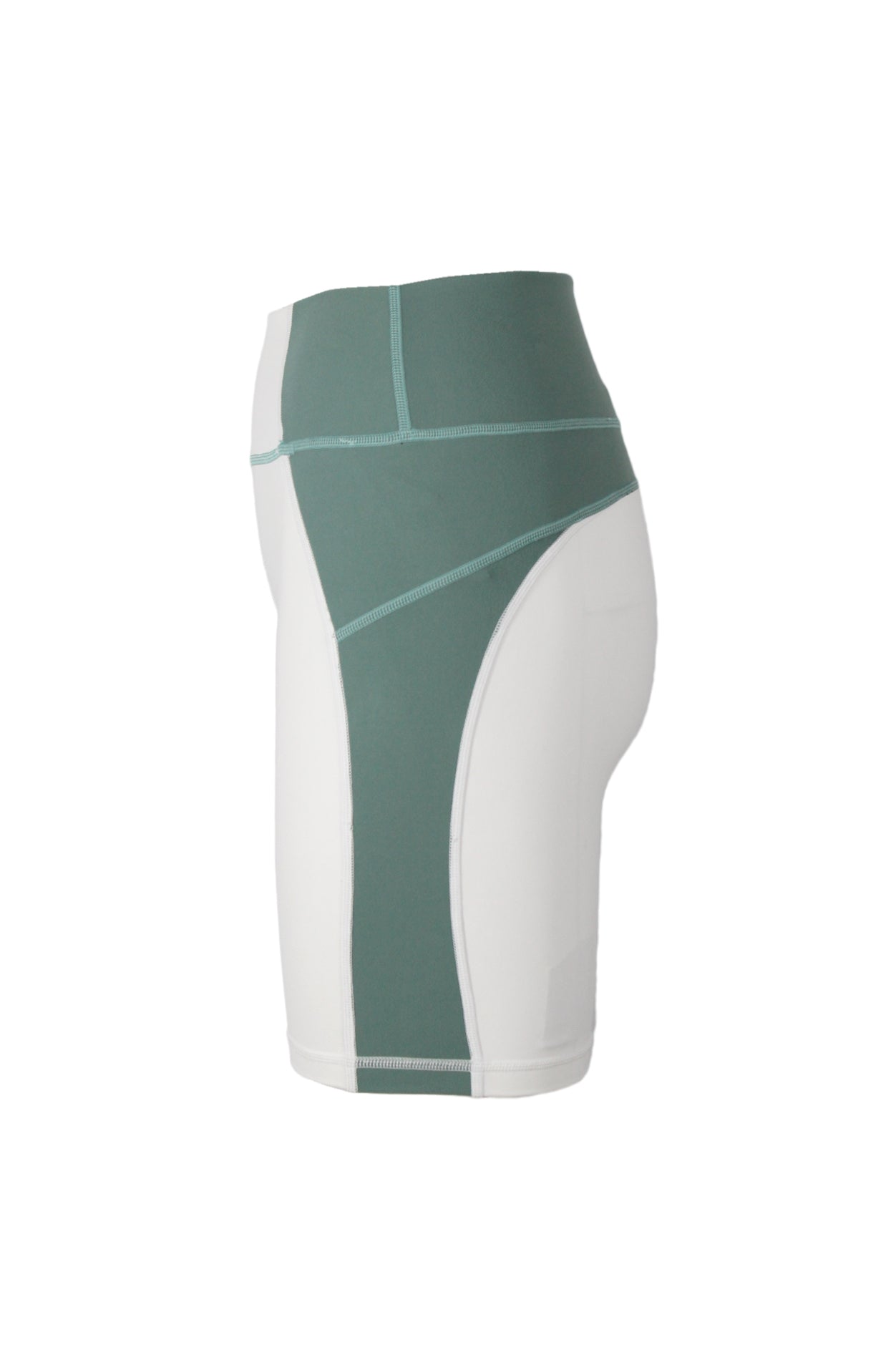 profile of athletic shorts with sage green side stripe