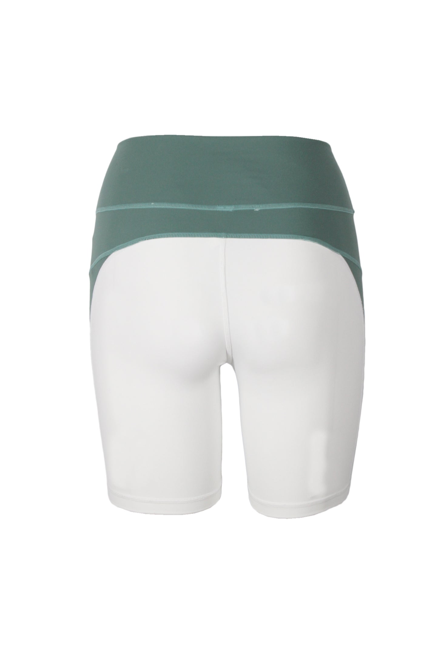 rear of white athletic shorts with a sage green waist detail. 