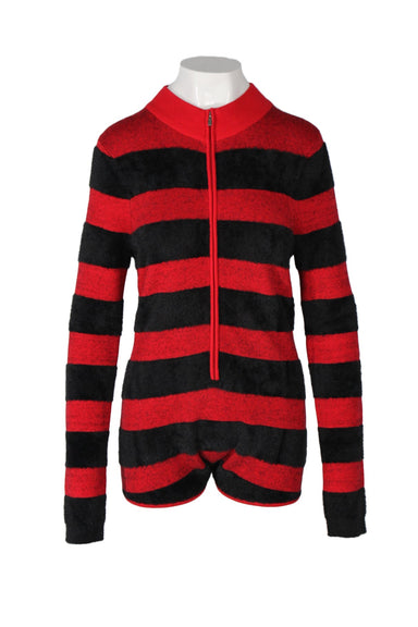 front angle house of sunny red and black long sleeve micro-short viscose/nylon knit jumpsuit on a feminine mannequin. horizontal stripe pattern, rib knit collar, front zip closure. 
