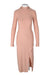 front of we are hah rose pink long sleeve maxi dress. features turtle neck, shoulders pad, slit at left leg, maxi key hole opening at back with button closure; slim fit. 