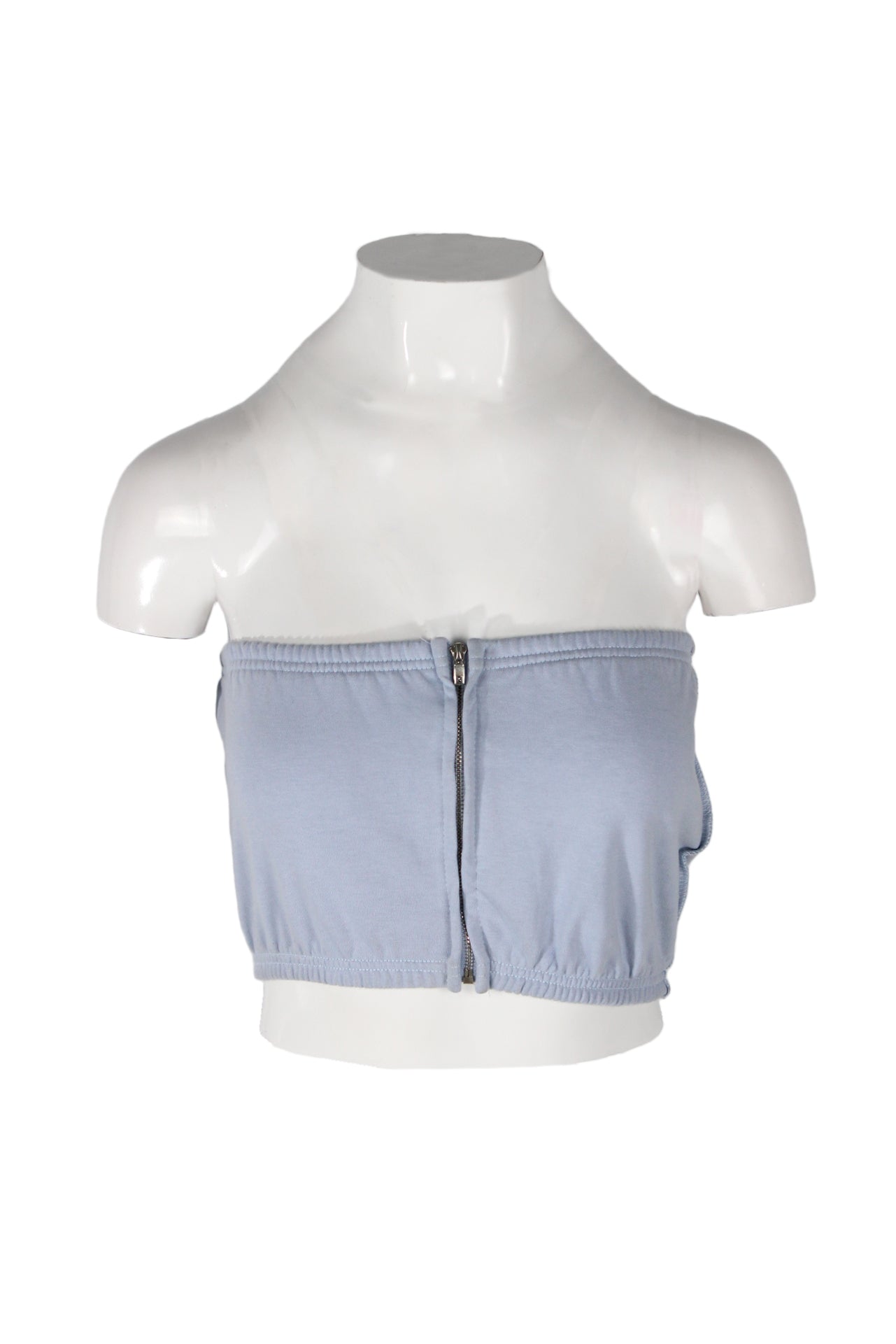 front angle ood one out light periwinkle knit tube top on feminine mannequin bust with elastic edging and silver-toned center front zip closure.