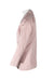 profile angle of w•z dusty pink and white pinstripe blazer on feminine mannequin bust featuring jetted front pockets.