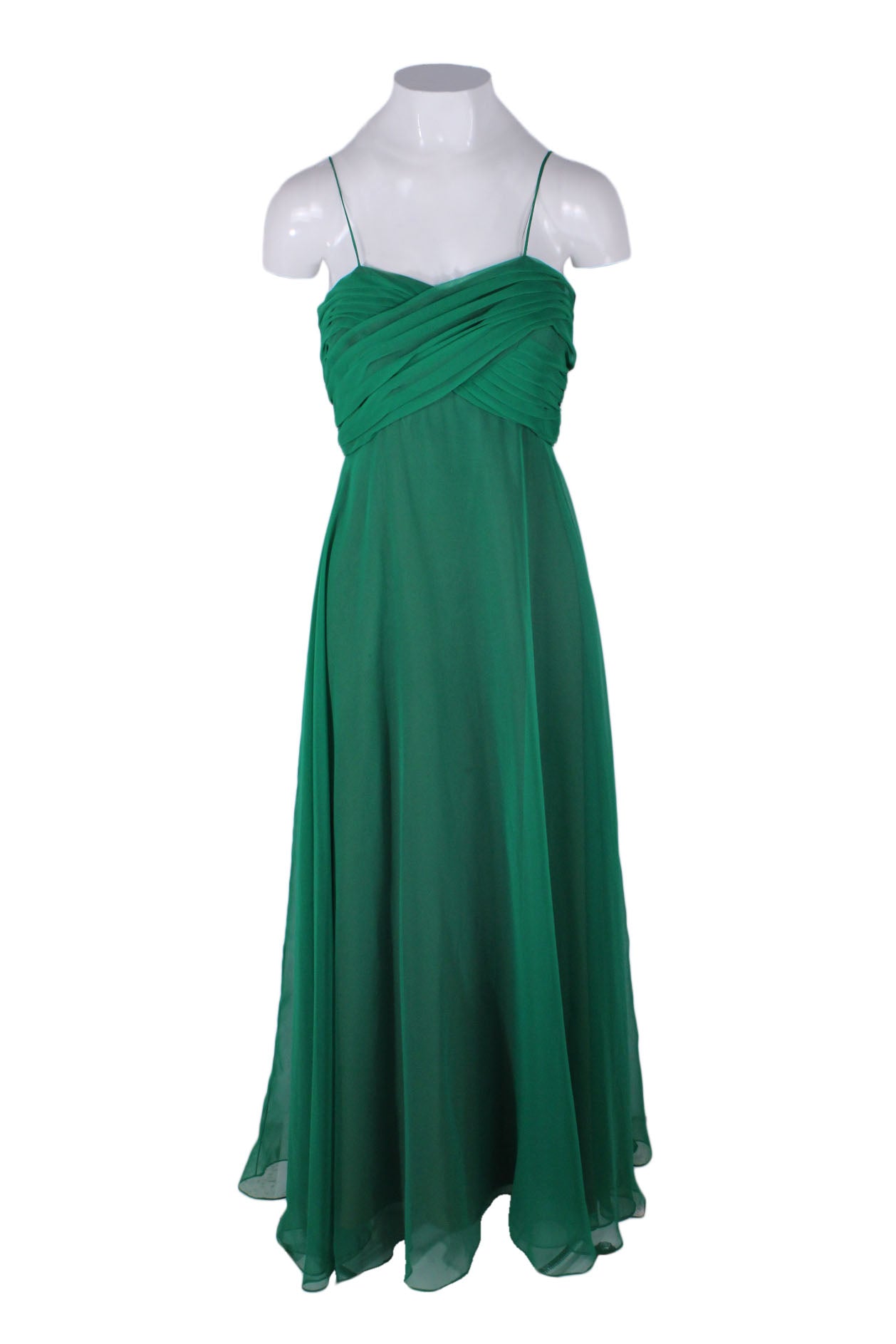 front of vintage green sleeveless long dress. features sweetheart neckline, spaghetti straps, draped detail at bust, and flowy skirt.
