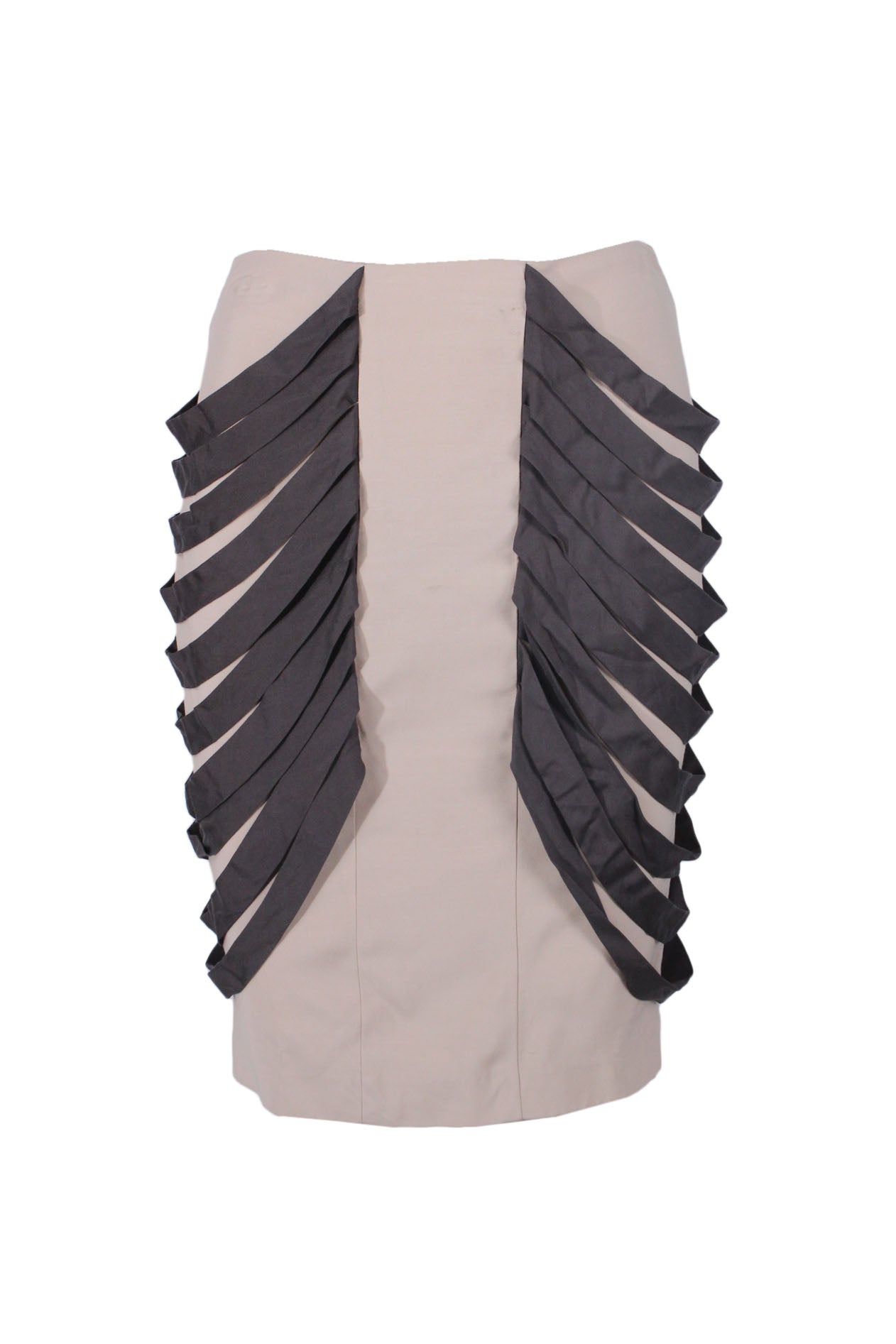 front of  loeffler randall beige and gray midi skirt. features stripes details at sides, straight hem, and knee-length.