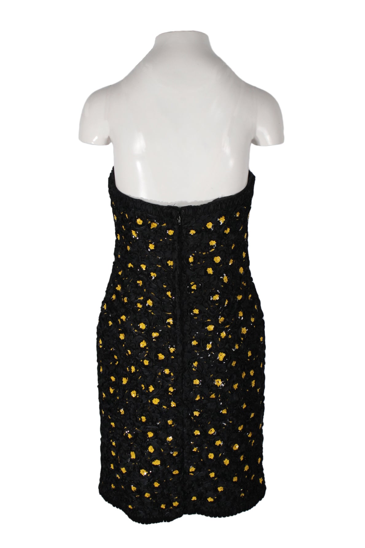 back view of victor costa black and yellow tube dress