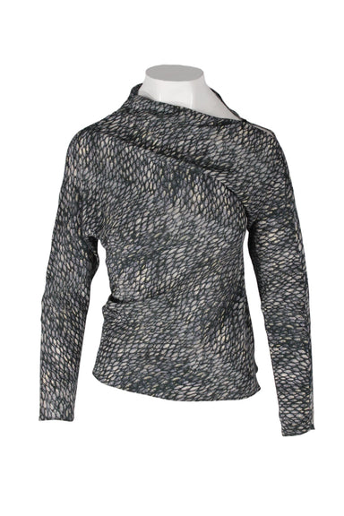 front of grey/green printed silk long sleeve mock neck blouse displayed on mannequin torso. 