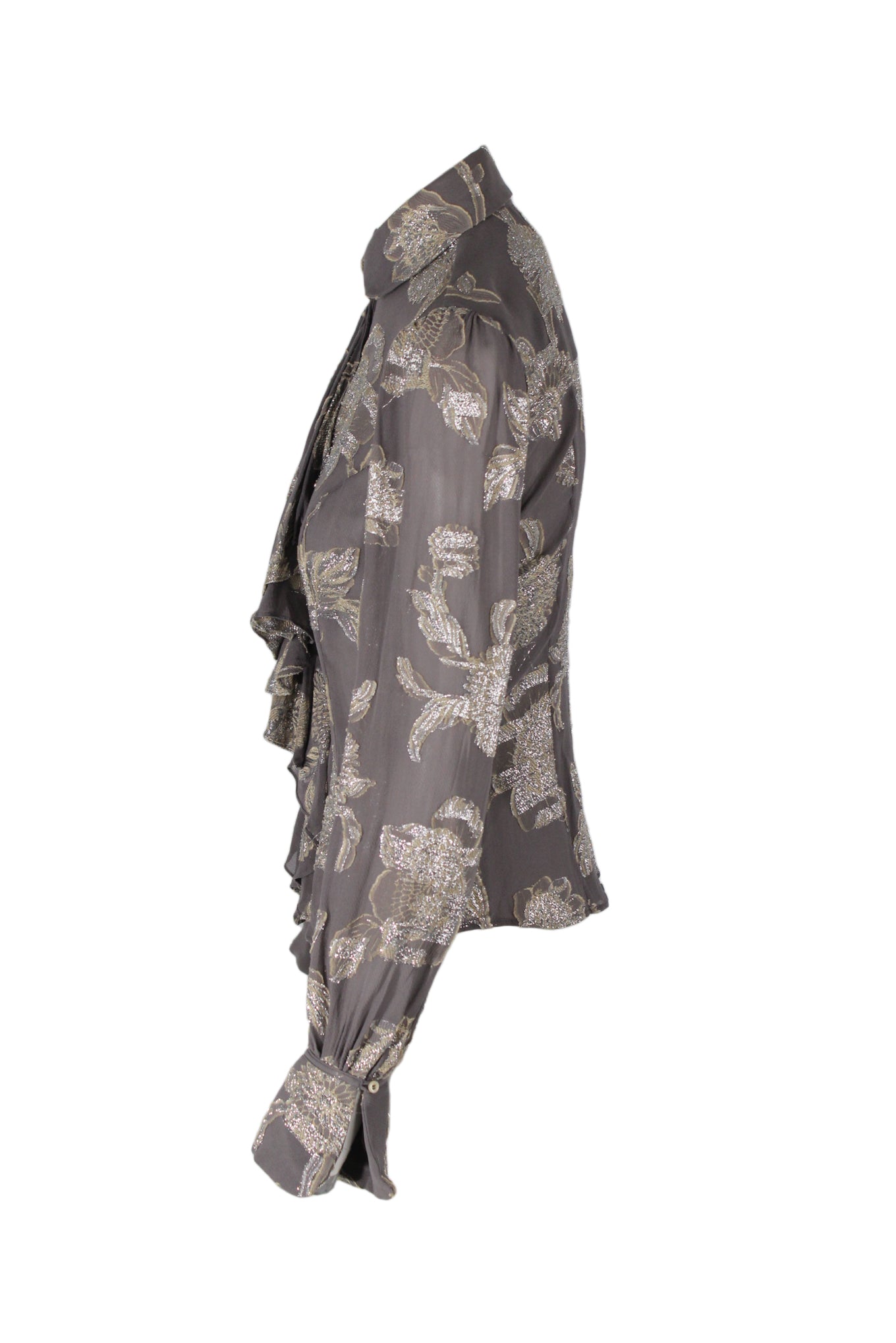 side angle catherine malandrino silk blend top on feminine mannequin torso featuring peter pan collar, draped center front detail, and single-button barrel cuffs.