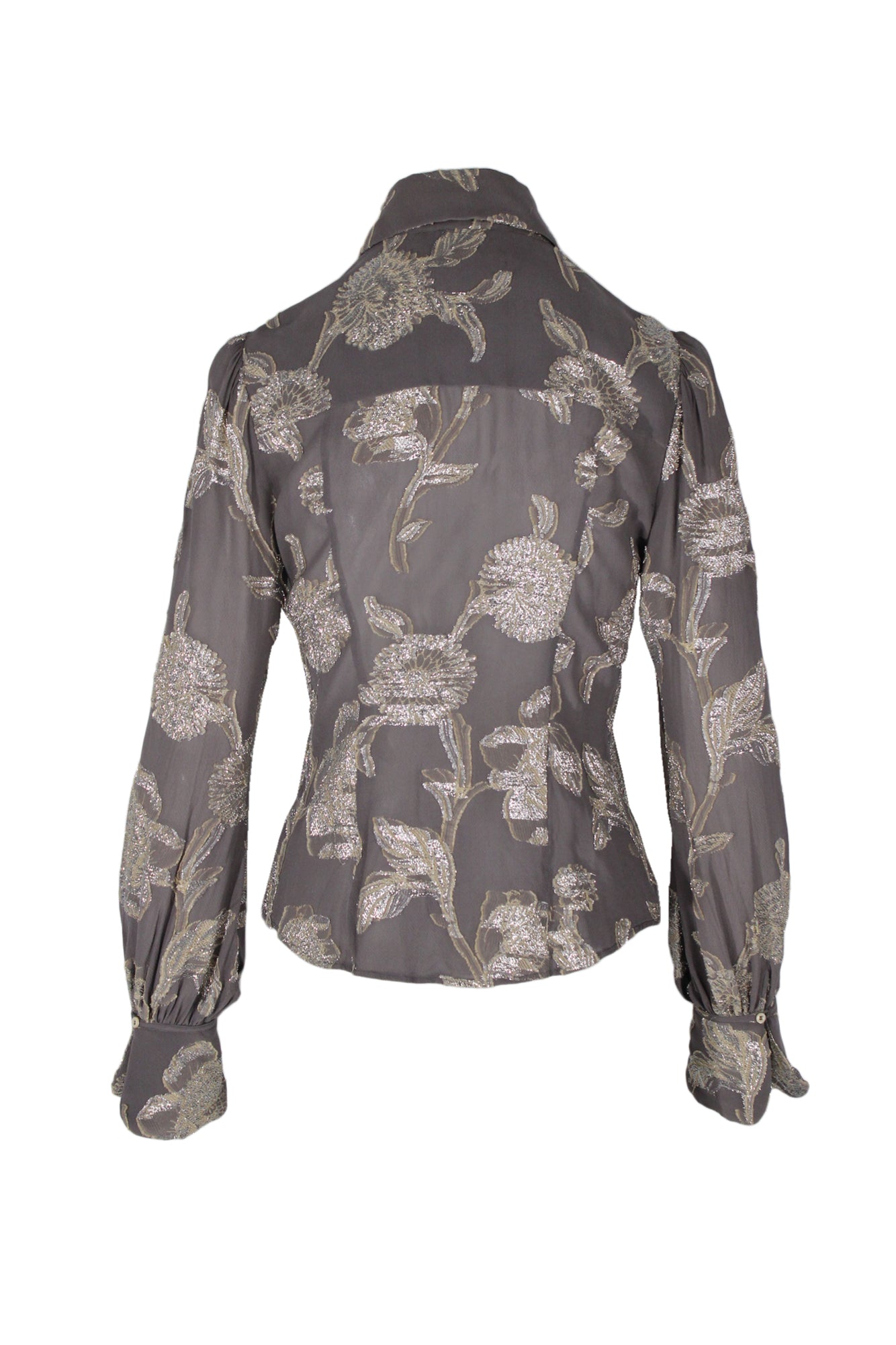 back angle catherine malandrino silk blend top on feminine mannequin torso featuring single-button barrel cuffs.