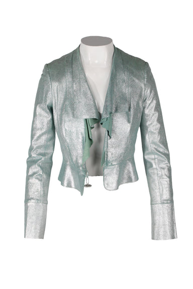 front of twelfth street by cynthia vincent green leather jacket. features metallic effect,  shoulder pads, ruffled detail at front, tonal stitching, and single button closure.