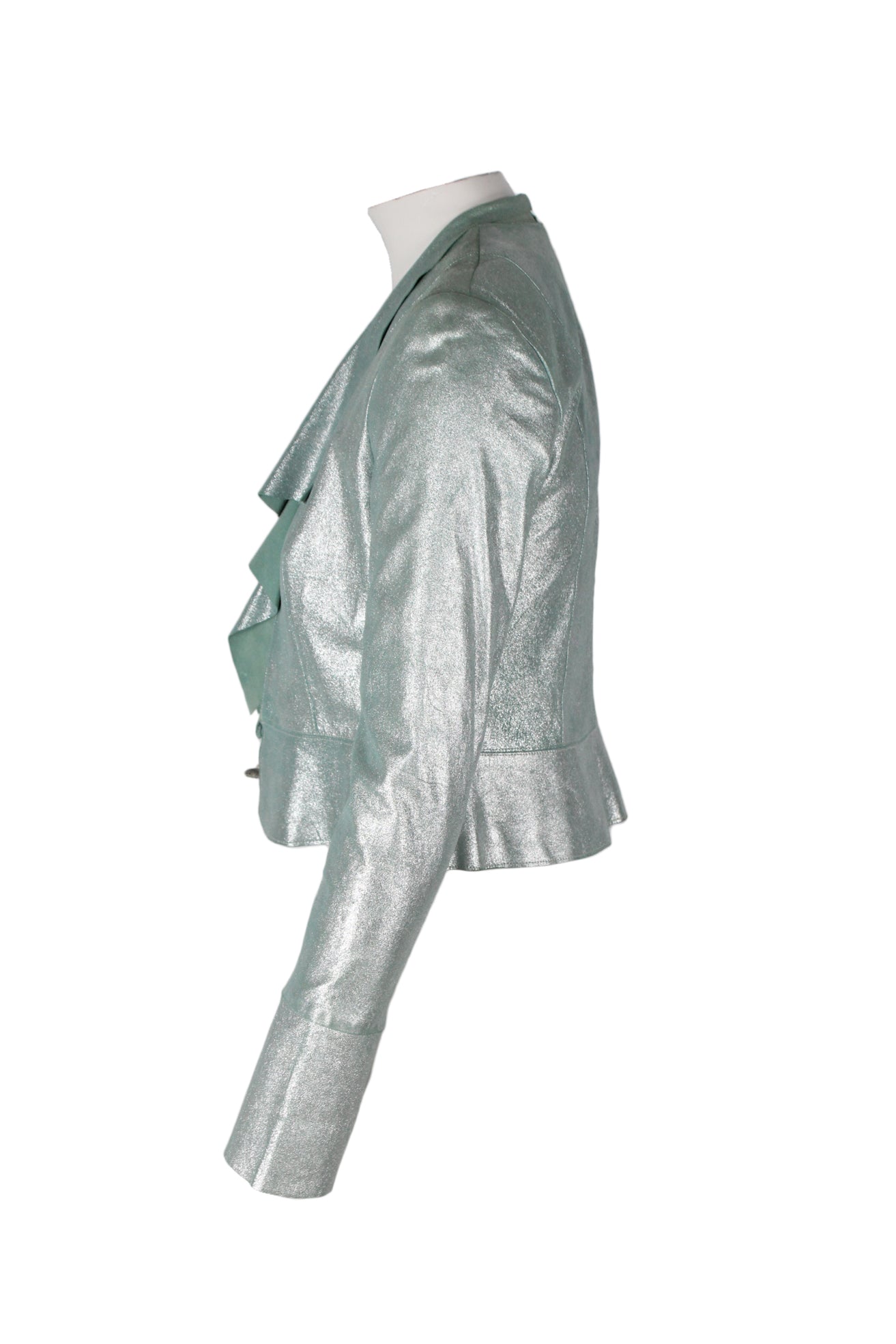 profile of metallic jacket with shoulder pads, and slightly ruffled at hem. 