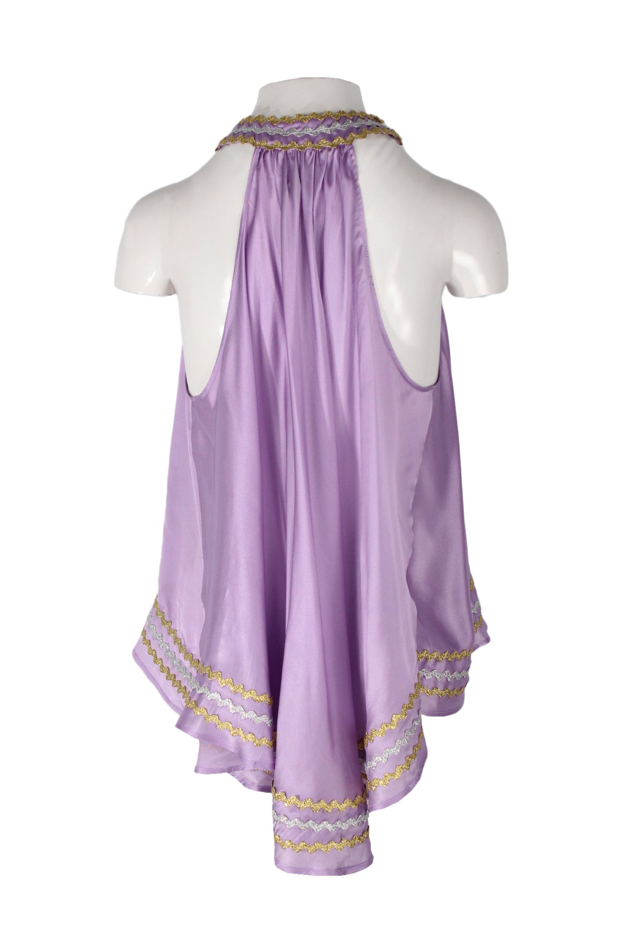 back angle julian macdonald lavender sleeveless silk blend top on feminine mannequin torso featuring gathered upper back. 