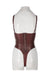 back of latex brown bodysuit.   showing zipper and thong silhouette.   