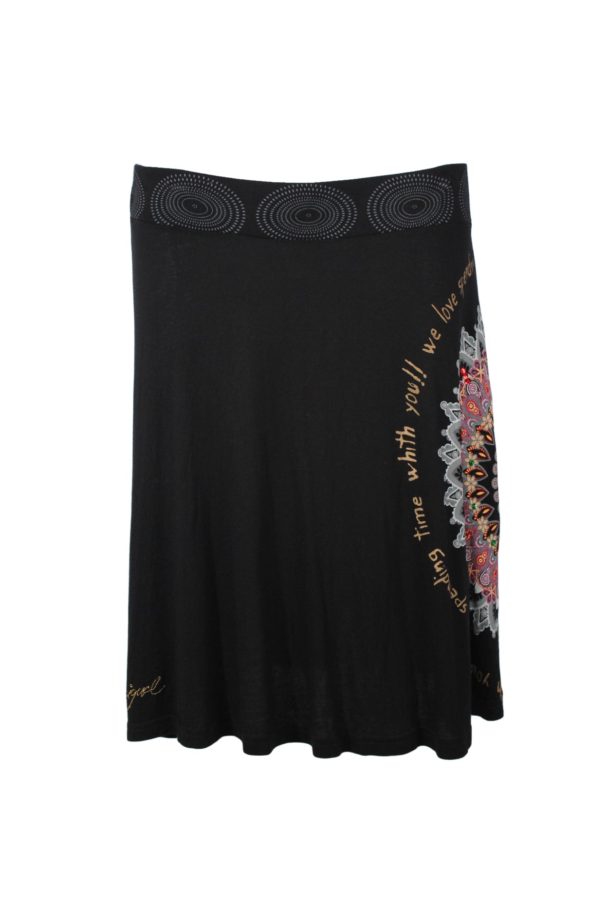 front angle vintage y2k black/multicolor knit skirt featuring gold 'desigual' embroidery at lower front right, mandala design at front left with green/red sequins detail & semi-circular 'we love spending time with you!!' gold text, and elastic waistband with gray geometric pattern at front.
