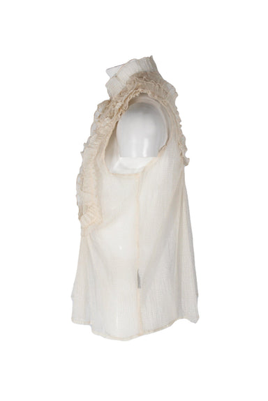 side angle stella nova top on feminine mannequin torso featuring pintuck/ruffle embellishment and stand-up ruffled collar. 