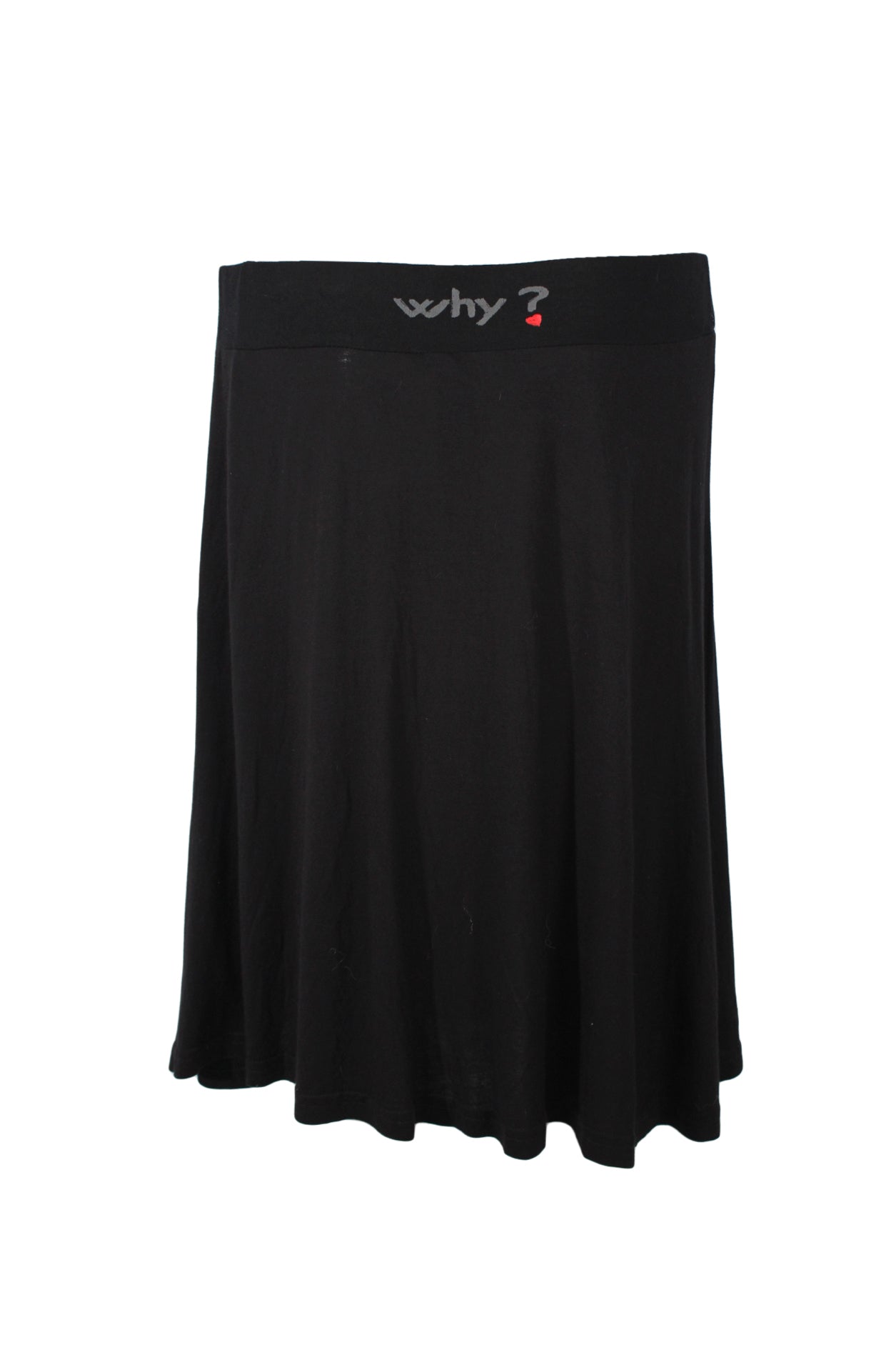 back angle vintage y2k knit skirt featuring gray 'why?' text and red heart at back waistband.