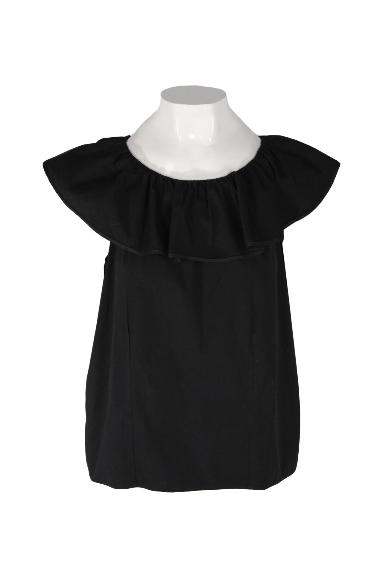 front angle prada black sleeveless top on feminine mannequin torso featuring ruffle-embellished neckline.