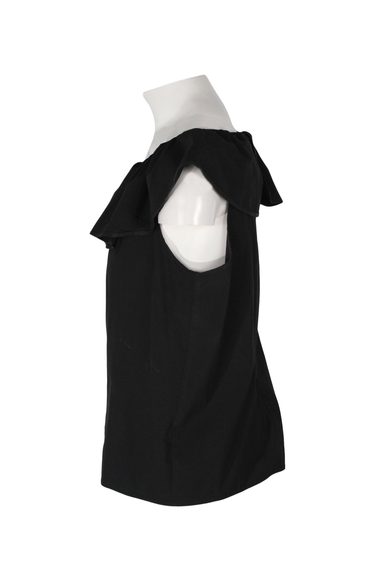 side angle prada black sleeveless top on feminine mannequin torso.