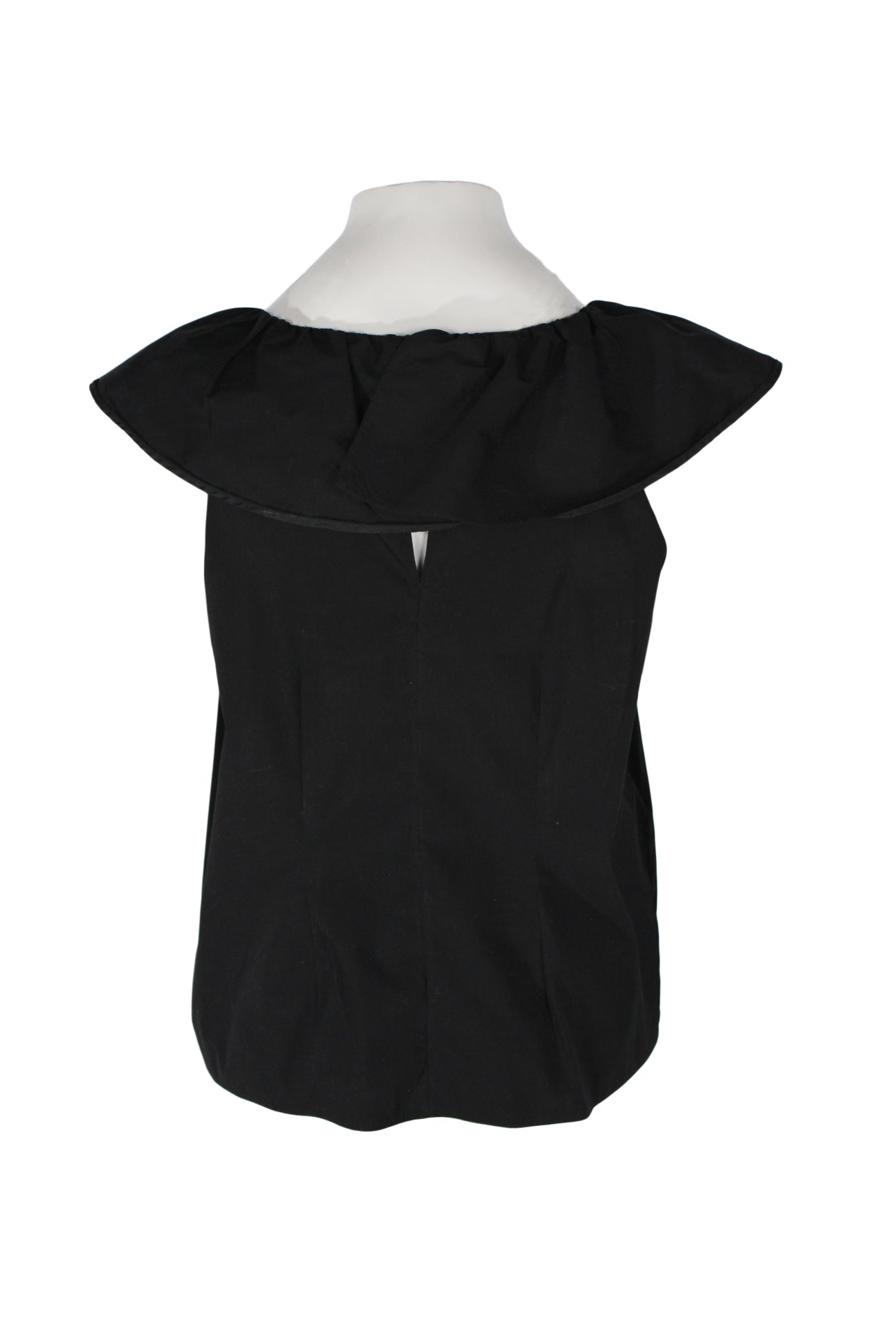 back angle prada black sleeveless top on feminine mannequin torso featuring keyhole upper back and ruffle neckline.