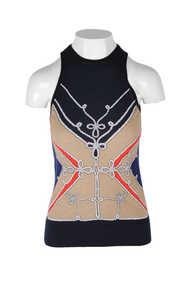 front of cache navy blue and beige sleeveless tank top. features nautical rope print, crew neckline, and ribbed trim.