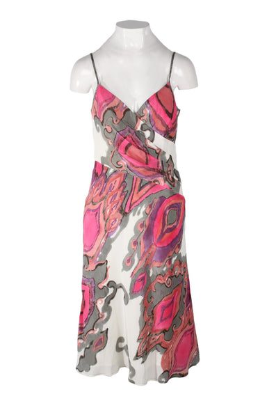 trina turk white/multicolor 'sun seeker' silk midi dress. features watercolor-like print, adjustable shoulder straps, asymmetrical pleated bust, and invisible side zip closure. lined. 