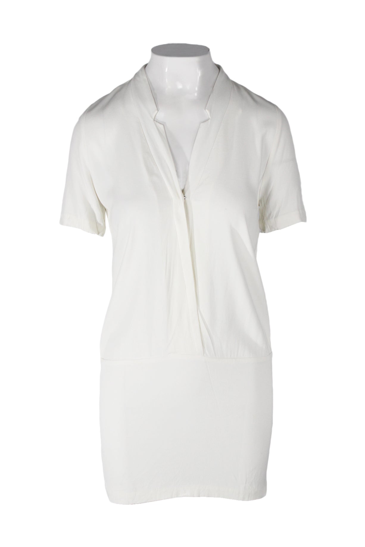 sandro ivory short sleeve mini dress. features dropped waist and notched v-neckline with interior single-snap closure. unlined. 