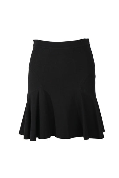 front angle of diane von furstenberg black knit mini skirt featuring diagonal-striped hip panels and flared lower.