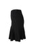 side angle of diane von furstenberg black knit mini skirt featuring diagonal-striped hip panels, flared lower, and invisible side zip closure.